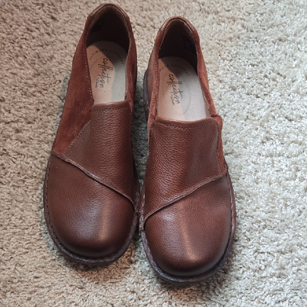 Collection by Clarks Soft Cushion Brown Leather Slip On Shoes Womens 9 Wide